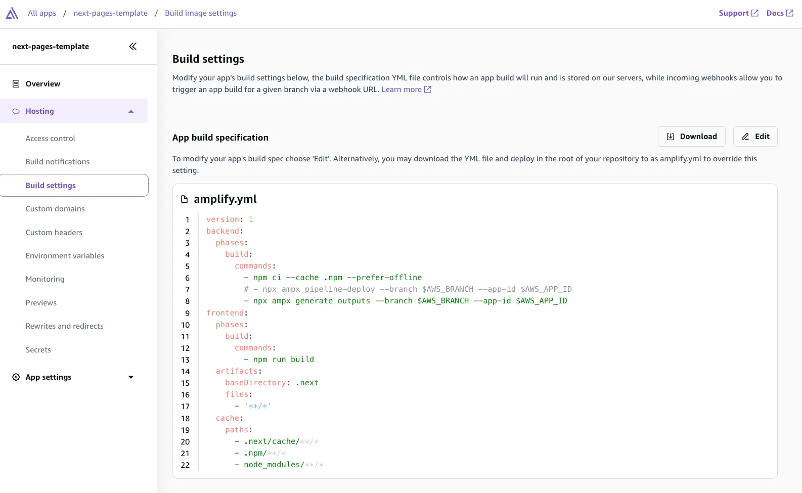 Screenshot of Build image settings section in AWS Amplify Gen 2 console, with details about the app build specification